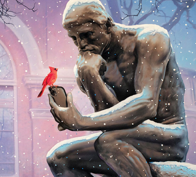 Columbia Thinker statue looking at an iPhone