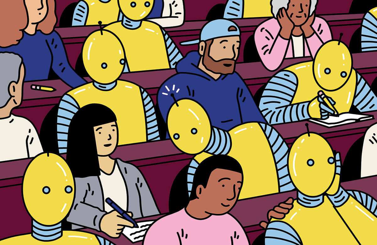 Illustration of robots in a classroom by Sam Island