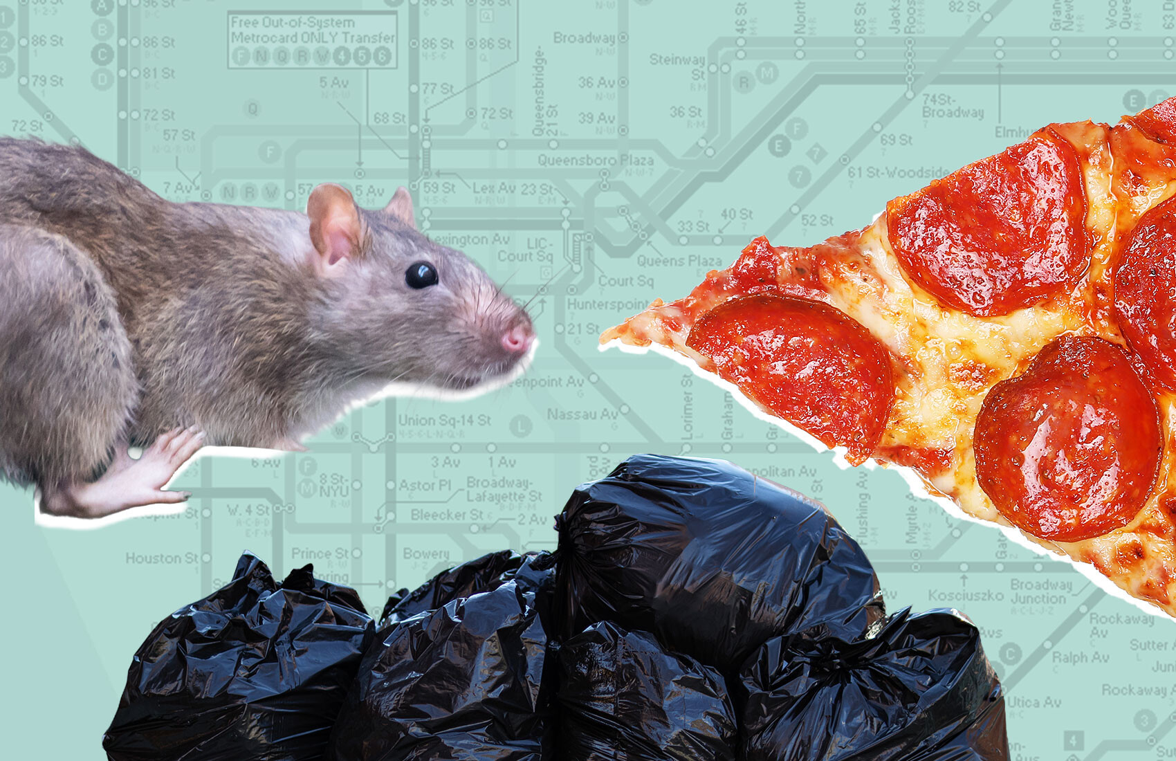Collage of rat and pizza with garbage and map of NYC