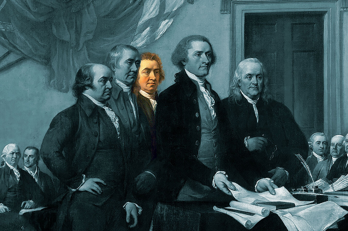John Adams, Roger Sherman, Robert Livingston, and Benjamin Franklin