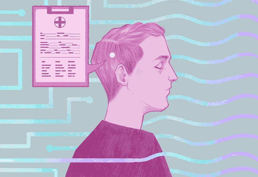 Animation of brain chip reading medical results