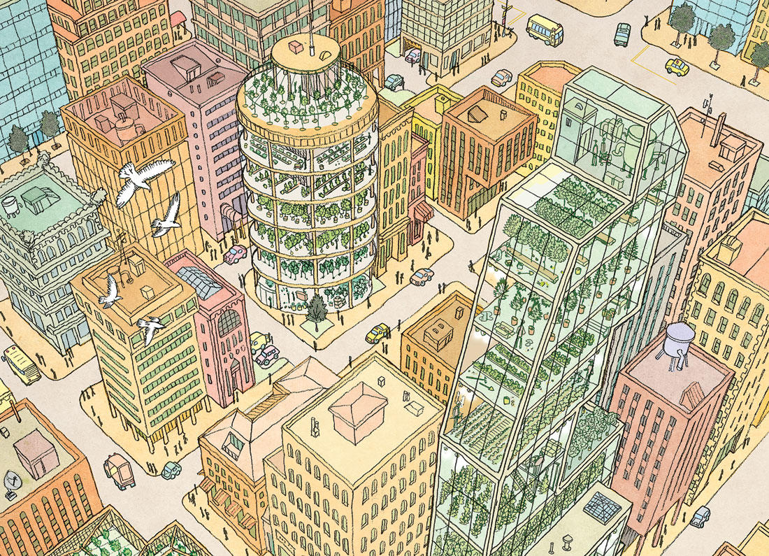 Illustration of city with greenhouse buildings