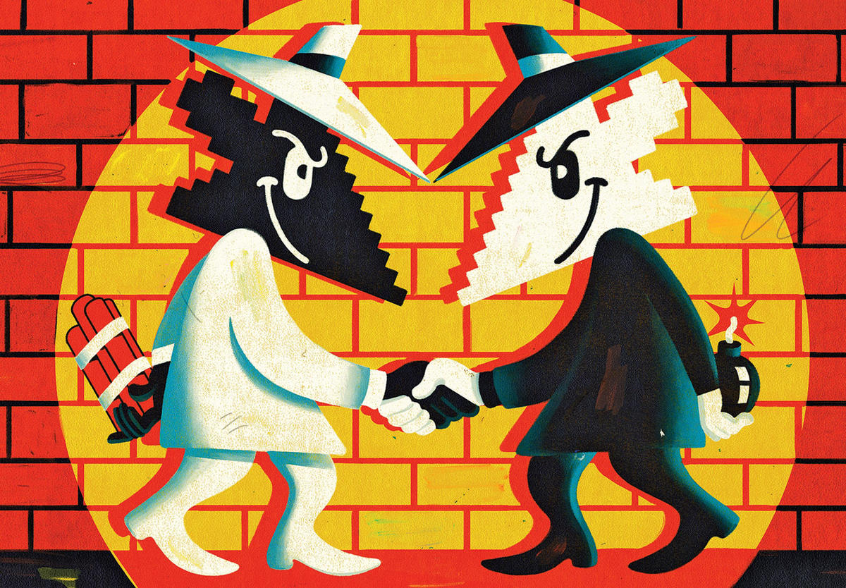 Illustration of anthropomorphized pixels dressed as gangsters and holding explosives behind their backs