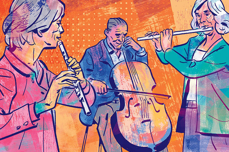 Illustrations by Kyle T. Webster of members of Columbia's EPIC program for retired academics