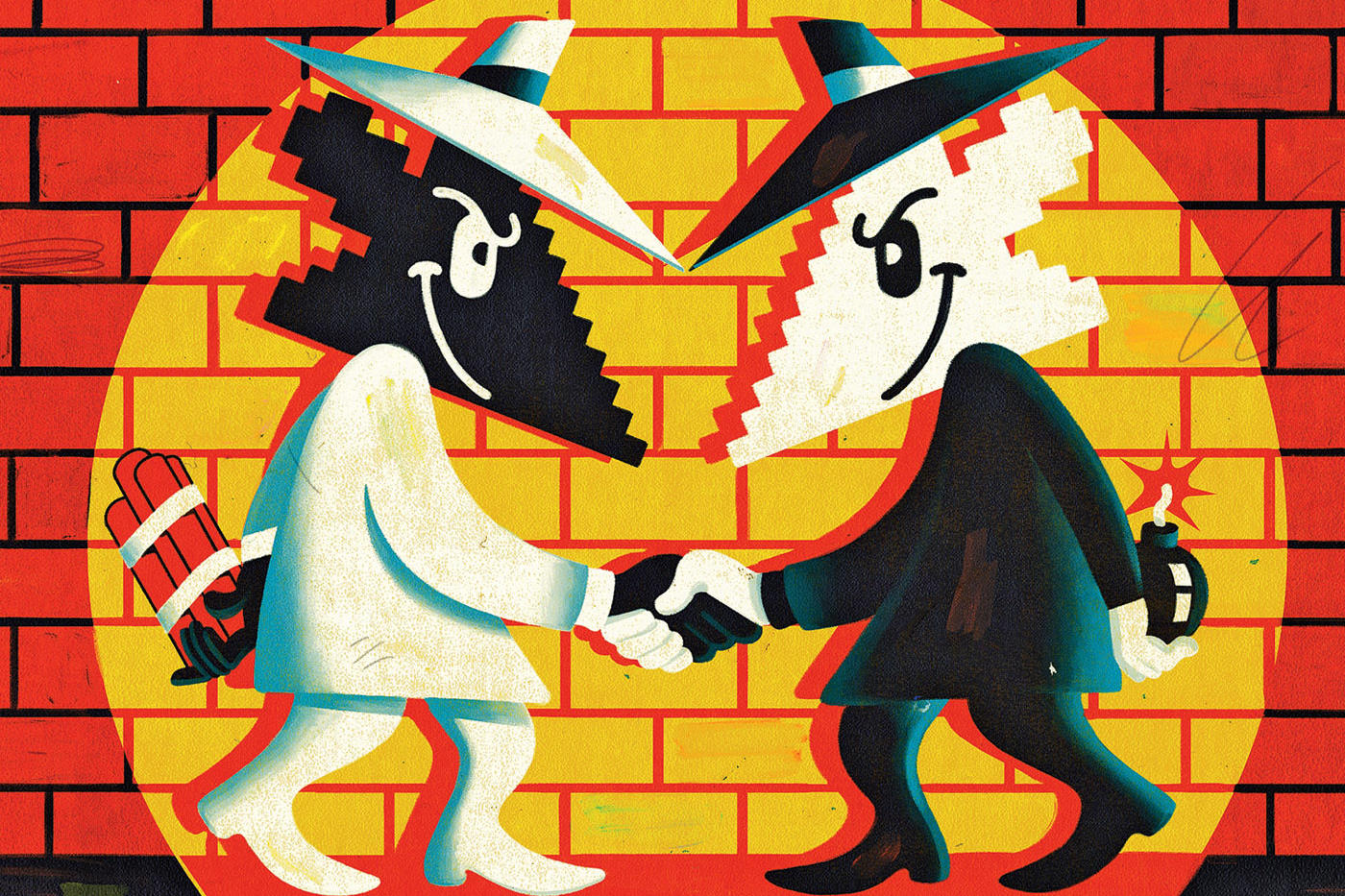 Illustration of anthropomorphized pixels dressed as gangsters and holding explosives behind their backs
