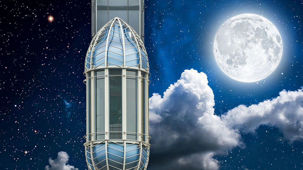 An illustration of an elevator to the moon, from a proposal by Columbia astronomers Zephyr Penoyre and Emily Sandford