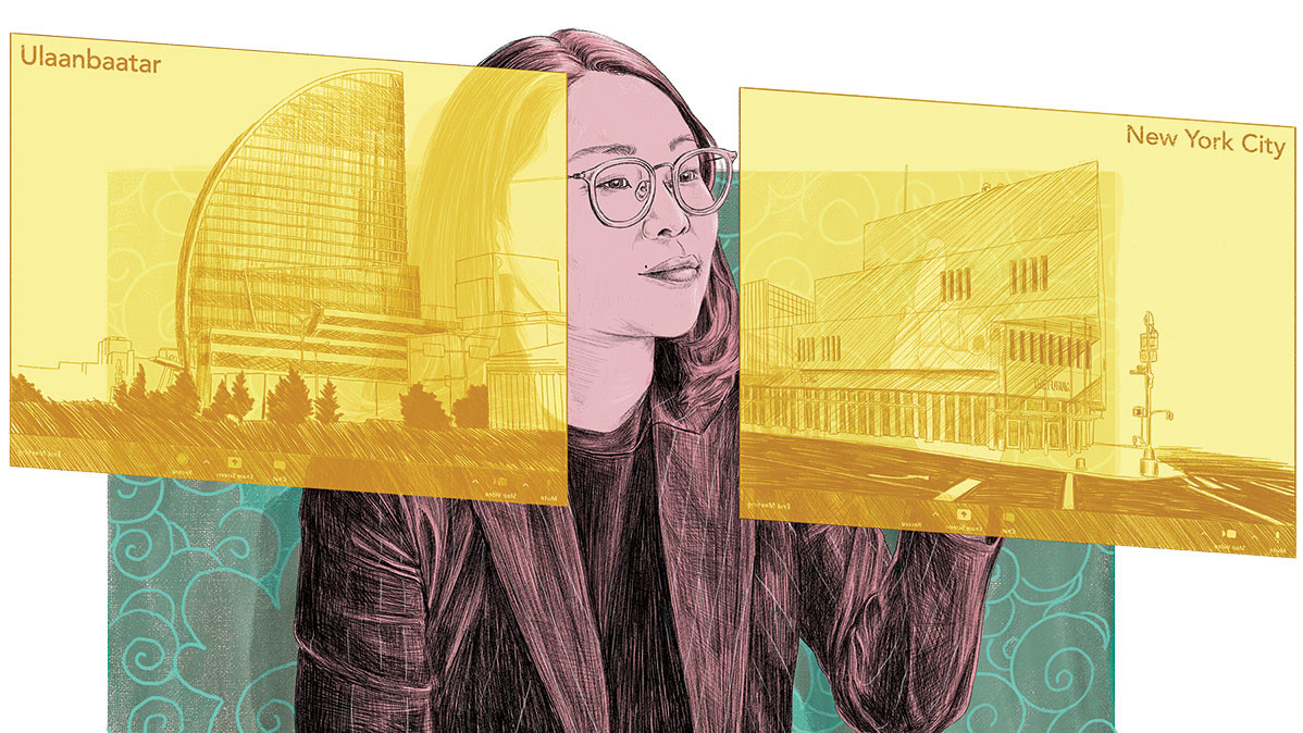 Illustration by Michelle Kondrich of one of a Columbia Obama scholar in Mongolia