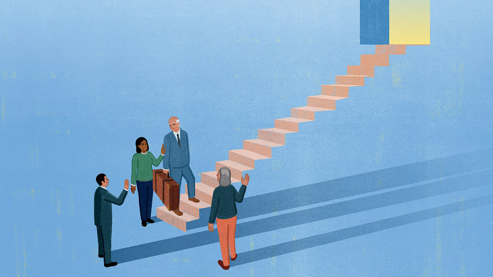 Abstract illustration by Shout of a dying person being escorted to a staircase away from life, for Columbia Magazine winter 2020-21 issue