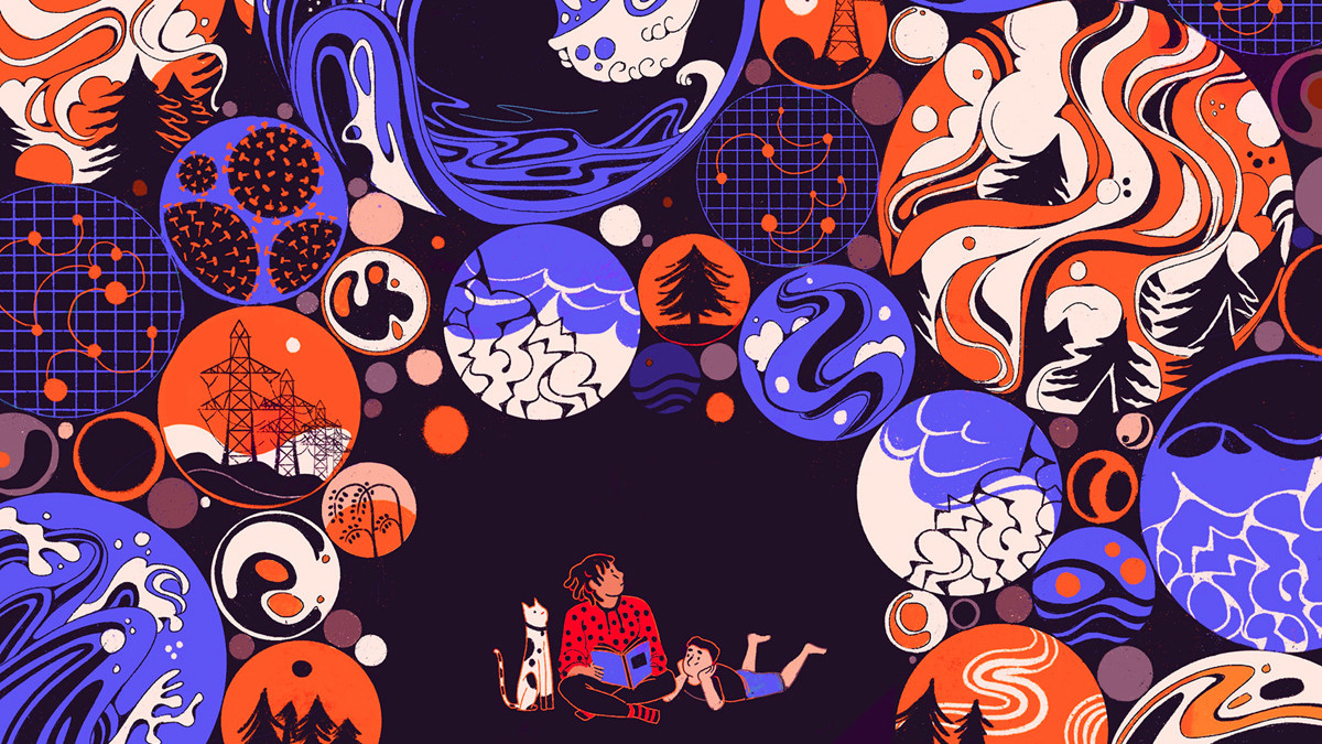 Illustration of people facing natural disasters, by Deborah Lee