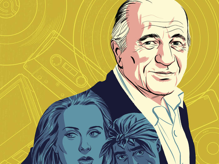 Illustration of Sony executive Doug Morris wearing a blazer with pictures of Adele, Tupac, and other celebrities, by Michael Cho 