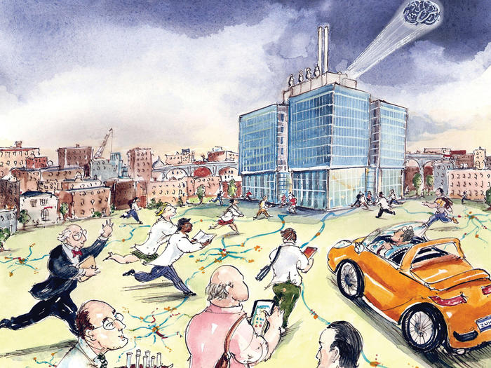 Illustration of scientists and Columbia's Mind, Brain, and Behavior center by Mark Steele