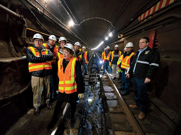 Columbia Engineering dean Mary Boyce and Governor Andrew Cuomo lead an inspection of New York City’s 14th Street tunnel.