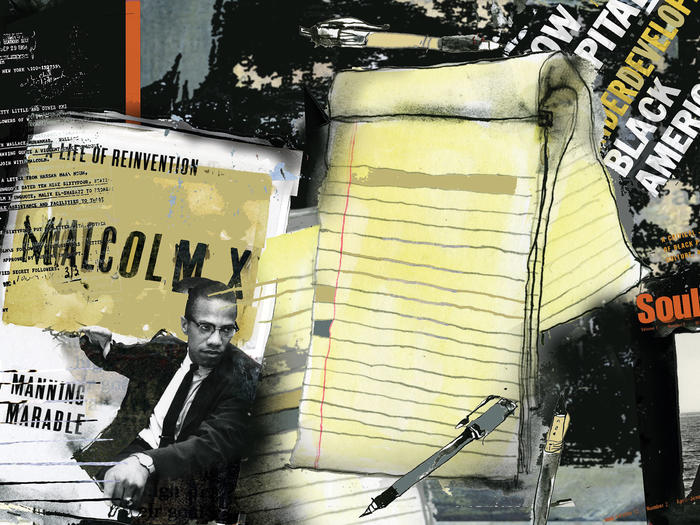 Collage featuring African American texts and Manning Marable's biography of Malcolm X