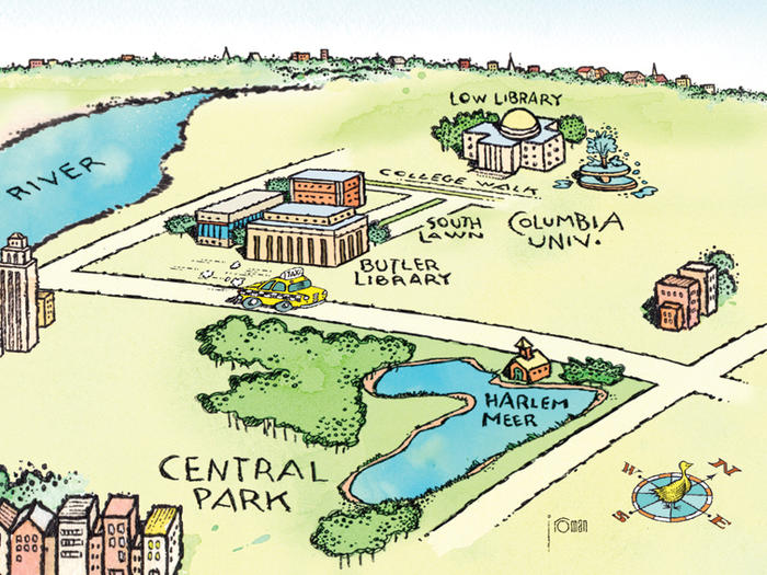 Columbia campus map, illustrated by John Roman