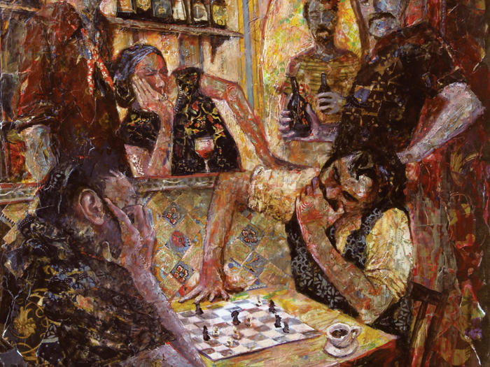 Illustration of men playing chess in a bar