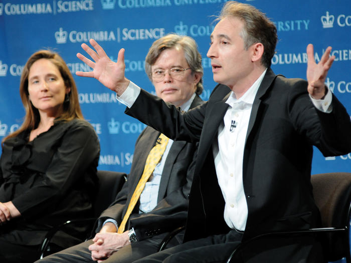 Columbia physicists Amber Miller, Michael Tuts, and Brian Greene at a World Leaders Forum event