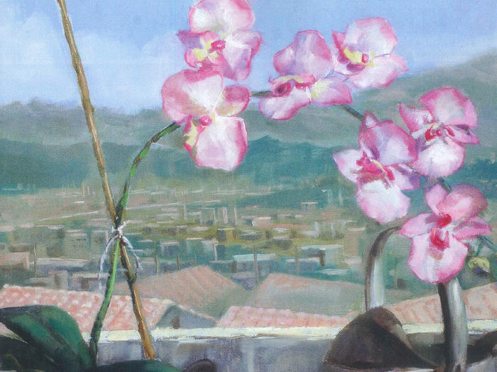 Painting of orchids in watering can on windowsill 