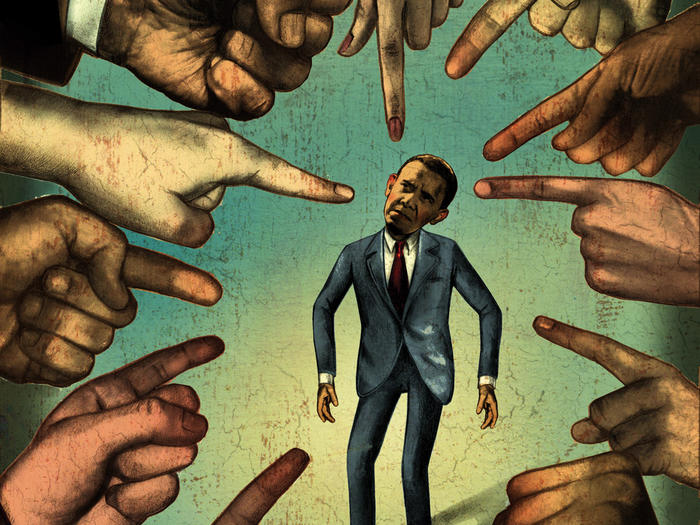 Illustration of Barack Obama surrounded by pointed fingers