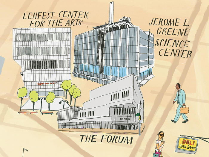 Illustration of Columbia's Manhattanville campus by Julia Rothman