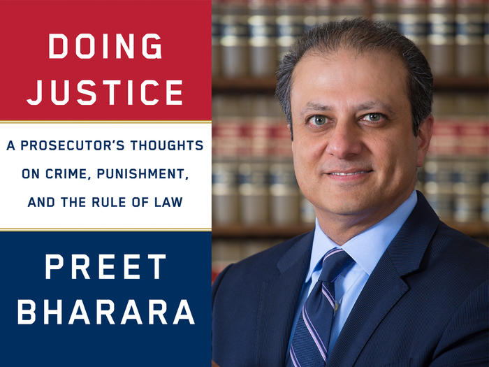 Preet Bharara next to book cover of "Doing Justice: A Prosecutor's Thoughts on Crime, Punishment, and the Rule of Law"