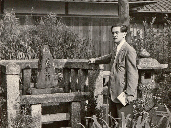 Donald Keene at poet Basho’s tomb in Zeze, Japan, 1955.