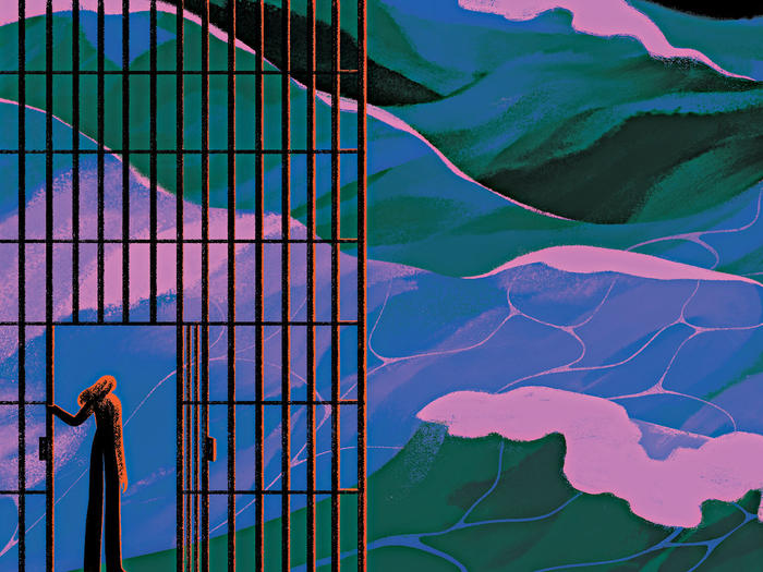 Illustration by Sara Wong of a former prisoner opening barred gate to a colorful waves