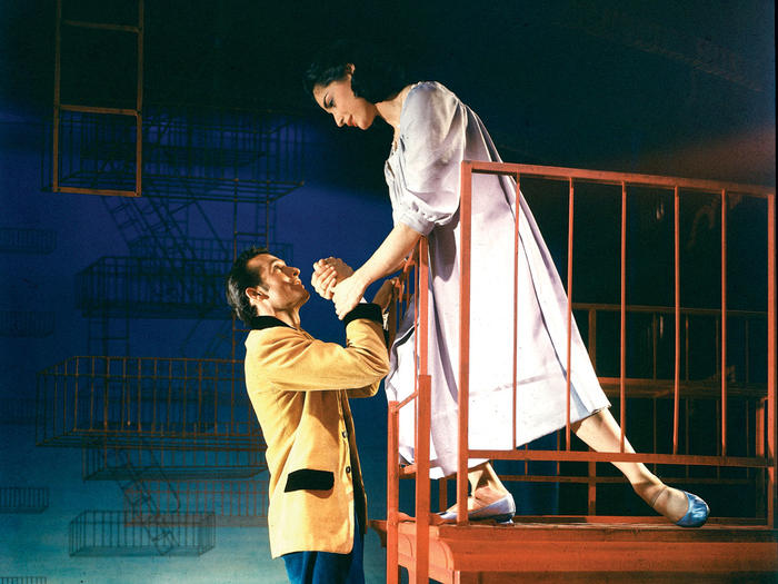Larry Kert and Carol Lawrence in the fire escape scene from the original 1957 Broadway production of West Side Story
