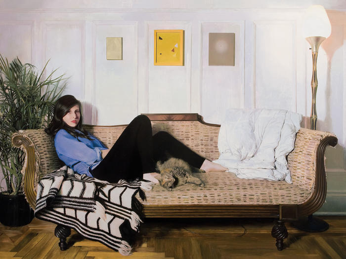 "Portrait of Talia with Lilly on the Couch," by Van Hanos (oil on linen)