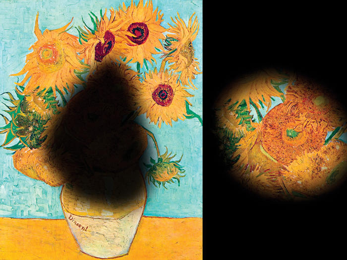 Van Gogh's Sunflowers as seen through the eyes of a person with age-related macular degeneration, at left, and the same painting seen through the eyes of a person with retinitis pigmentosa