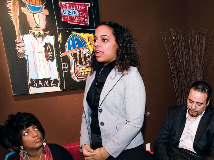 Rebecca Rodriguez address local entrepreneurs at Harlem's La Pregunta Arts Café. 
