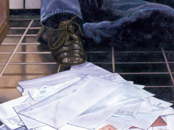 Painting by Irena Roman of man sitting with his foot on a pile of mail