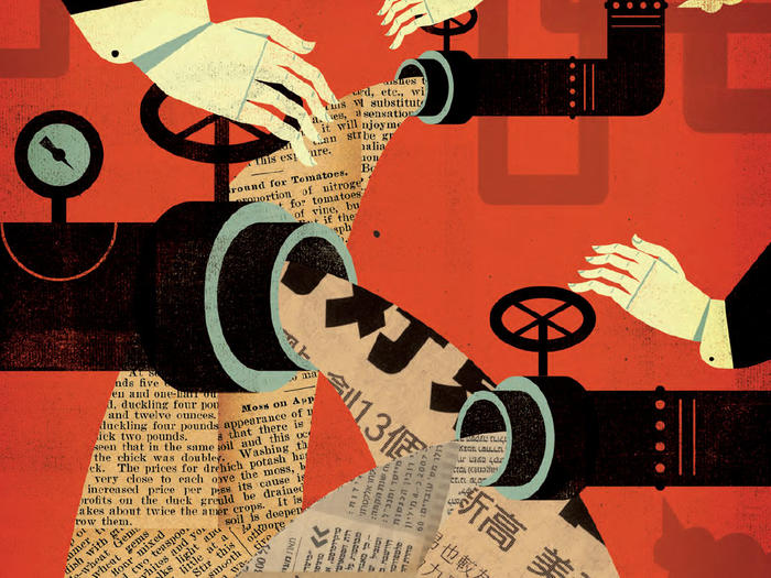 Collage illustration by Keith Negley of newspapers flowing out of pipes