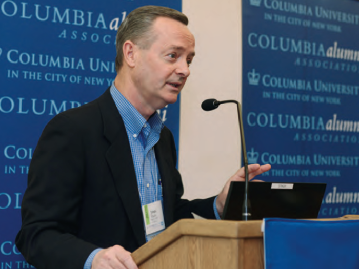 James Harden speaking at Columbia