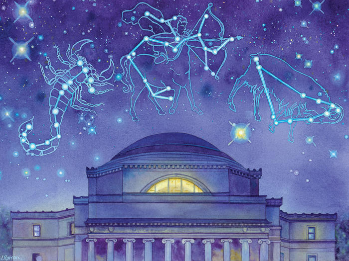 Illustration by Irena Roman of Columbia's Low Library underneath constellations