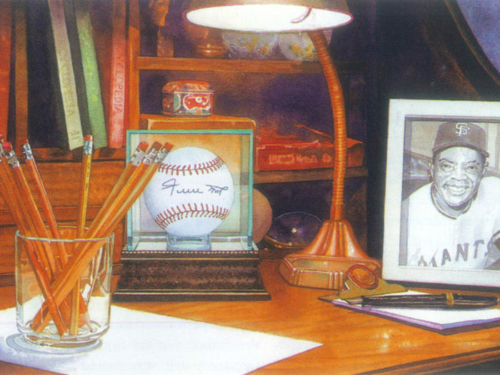 Illustration by Irena Roman of a writing desk with pencils, a typewriter, a signed baseball, and a framed picture of a baseball player
