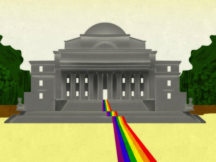 Illustration by Brian Stauffer of Columbia's Low Library with a rainbow flag coming out the doorway