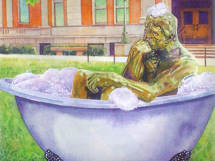 Illustration by Irena Roman of Columbia University's "The Thinker" statue in a bathtub outside Philosophy