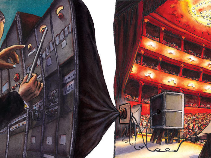 Illustration of a sound engineer working behind the scenes at a concert hall, by Philippe Lechien