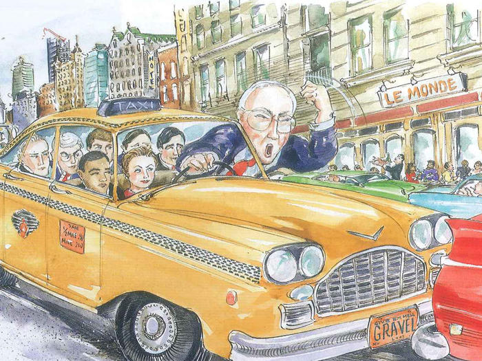 Illustration of Mike Gravel visiting Columbia University in a taxi in 2006, by Mark Steele