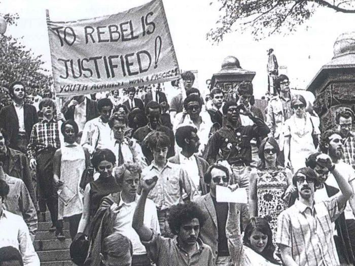 Student protesters entering Morningside Park in the spring of 1968