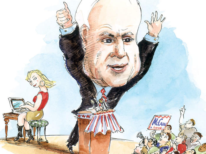 Illustration by Mark Steele of John McCain campaigning for president in 2008 with Meghan McCain blogging behind him