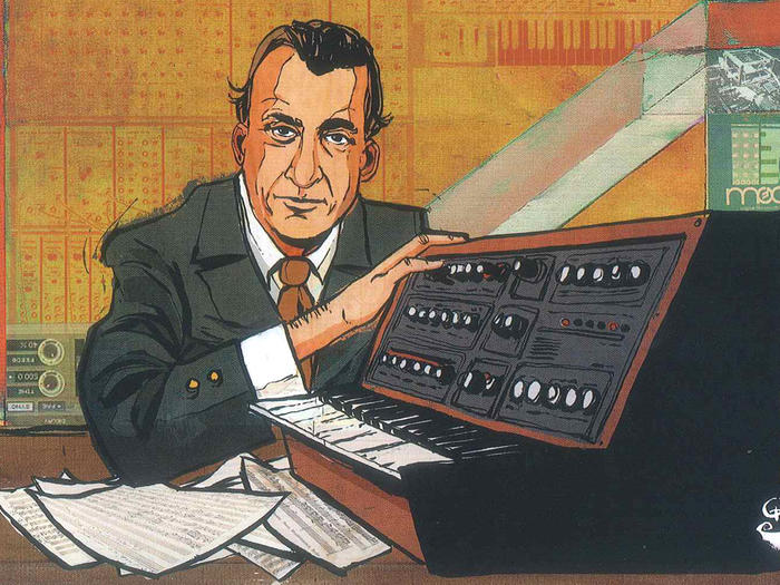 Illustration of Dick Hyman with a keyboard, by PJ Loughran
