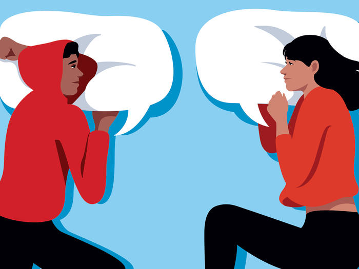 Illustration for Columbia Magazine by Anna Parini of two young people talking to each other in bed