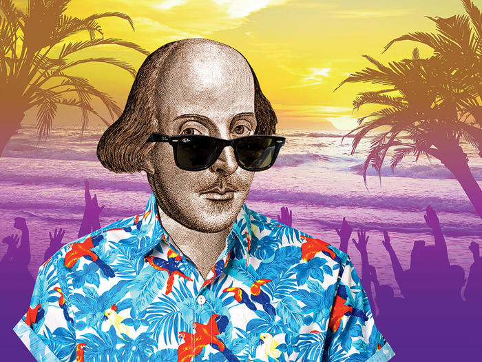 Illustration of William Shakespeare in a Hawaiian shirt against a tropical backdrop