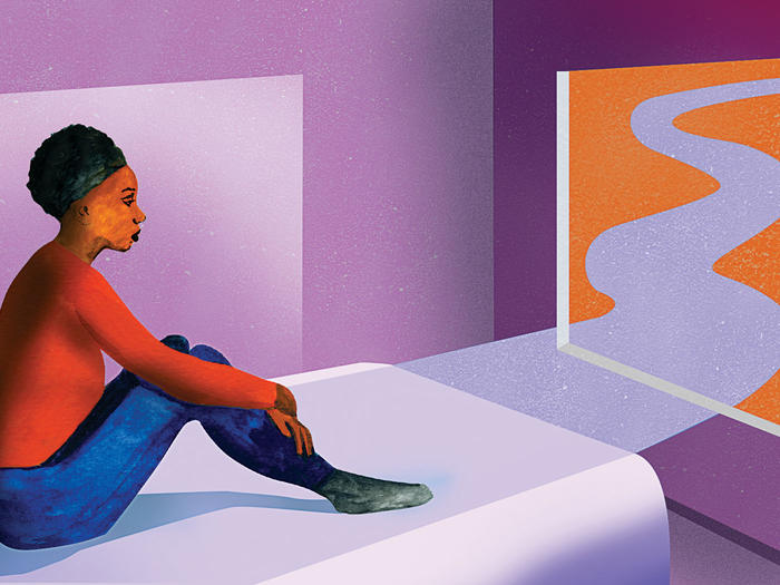 Illustration by Ellen Weinstein of a woman sitting up in bed, looking out a window, to illustrate chronic fatigue syndrome