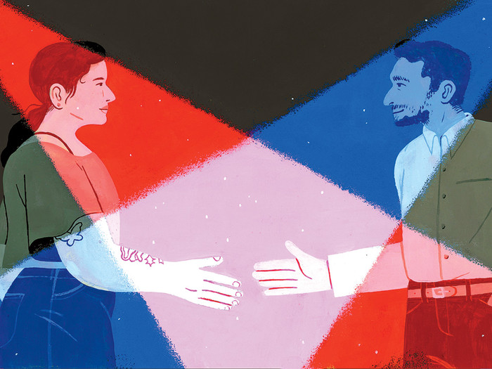 Illustration of a Democrat and Republican shaking hands, by Celia Jacobs, for Columbia Magazine fall 2020 issue (interview with Peter Coleman)