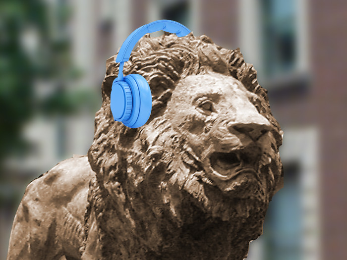 Columbia University Roaree statue wearing blue headphones