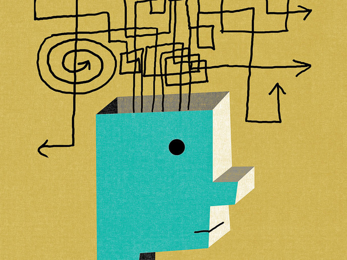 Illustration by James Yang of a robot with complex thoughts