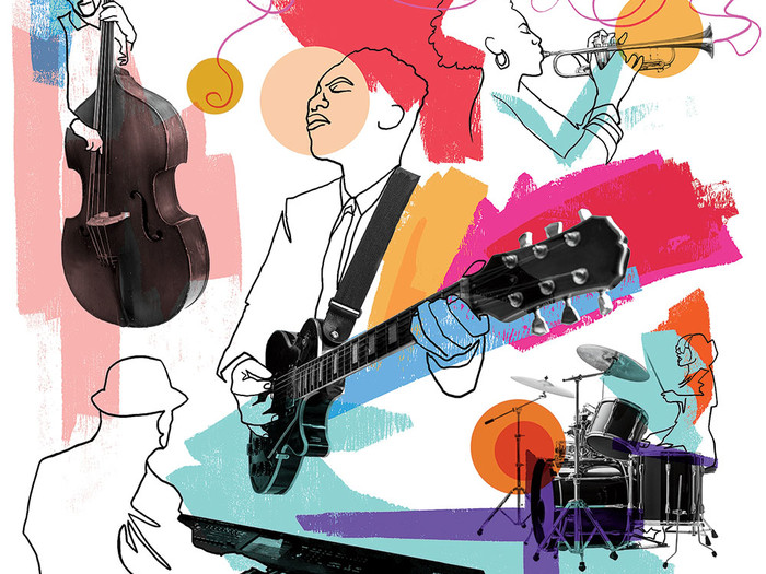 Illustration by Greg Betza of jazz musicians for Columbia Magazine, Fall 2021