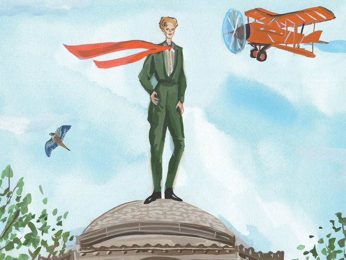 Illustration by Jenny Kroik of Amelia Earhart on top of the dome of Columbia's Low Library
